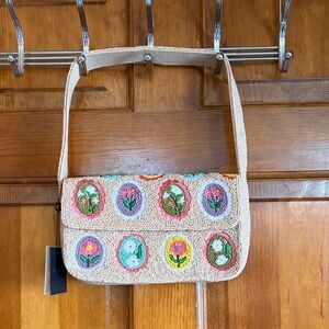 NWT Floral Embroidered Tan Shoulder Bag